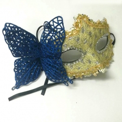 Карнавальная маска Золотая с синим ажурным цветком